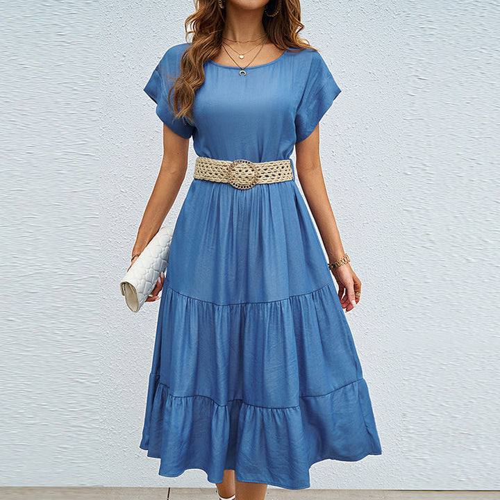 Damen lässiges Midi-Kleid mit elegantem Volant und taillierbarem Gürtel W&W Mode