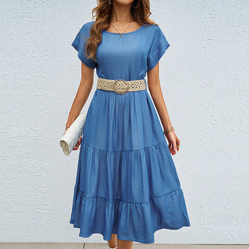 Damen lässiges Midi-Kleid mit elegantem Volant und taillierbarem Gürtel W&W Mode