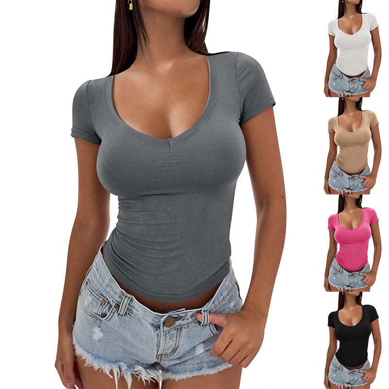 Damen figurbetontes V-Ausschnitt T-Shirt aus weichem Stretchmaterial WW