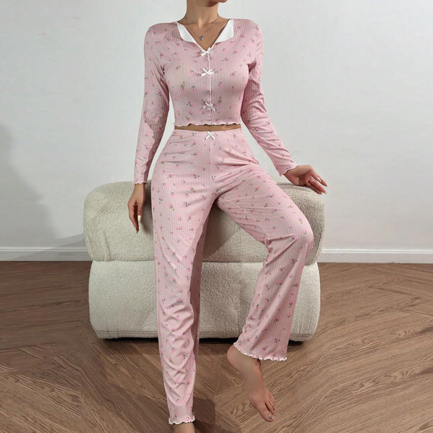 Damen Pyjama-Set mit zarter Rüsche und floralem Muster WW