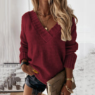 Damen V-Ausschnitt Strickpullover mit Oversize-Schnitt und Rippdetails WW