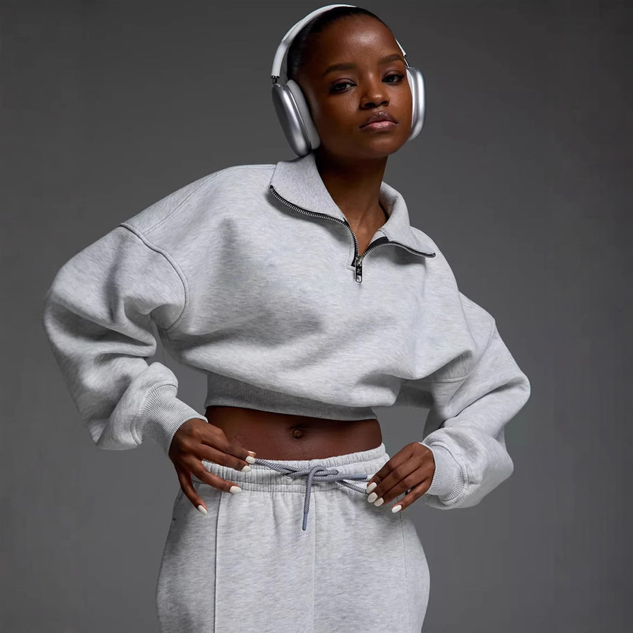 Damen Sportlicher Fleece-Loungewear-Anzug mit Reißverschluss WW