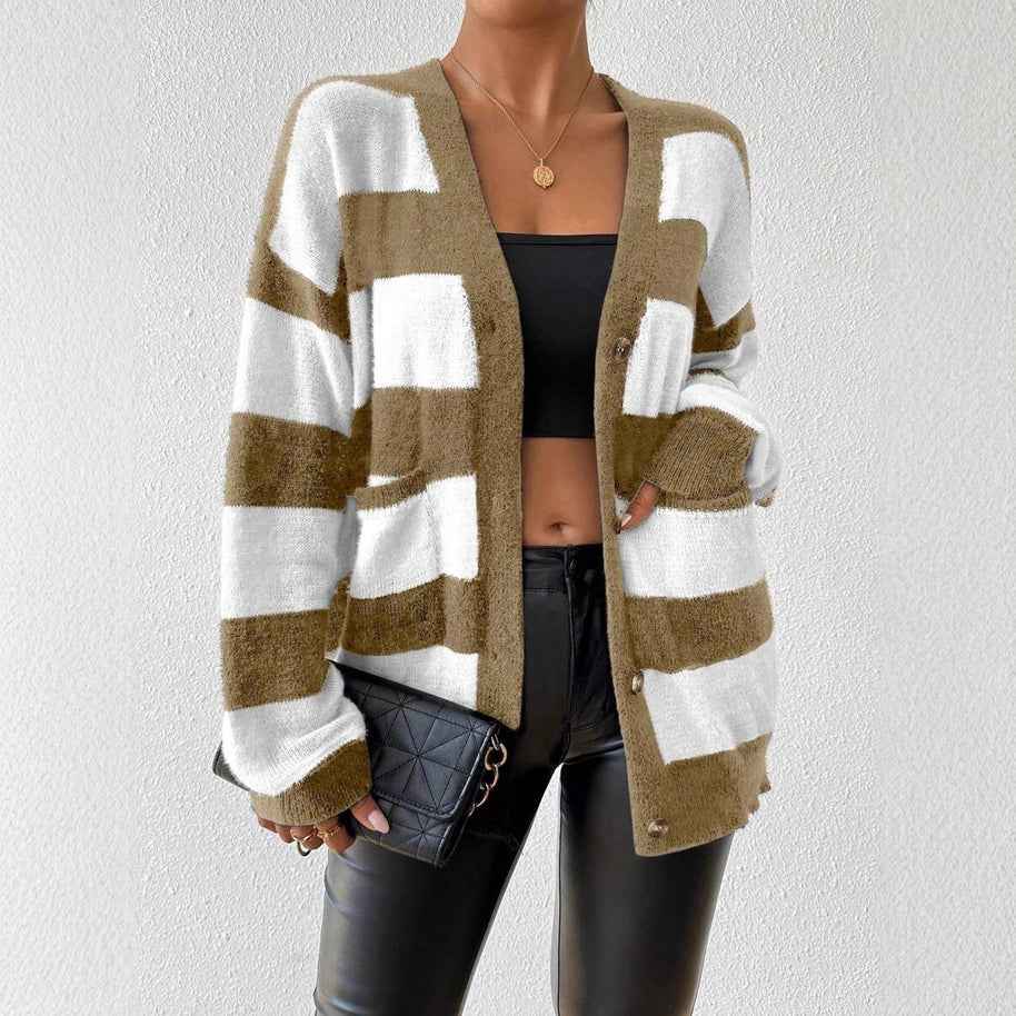 Damen Strickjacke mit trendigem Blockstreifenmuster und weichem Material WW