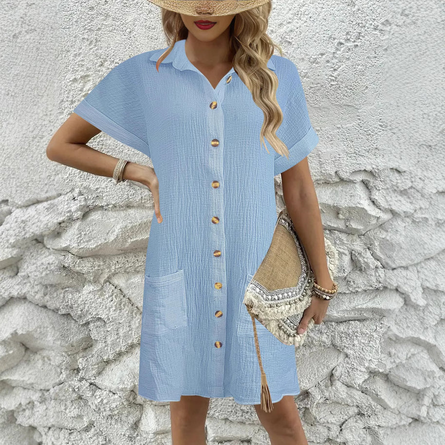 Damen Knielanges Hemdblusenkleid mit knopfbarem Design und praktischen Taschen WW