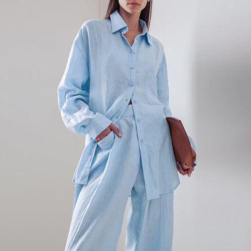 Damen lässige Leinen-Hosenanzug mit übergroßer Hemdbluse und geradem Bein W&W Mode