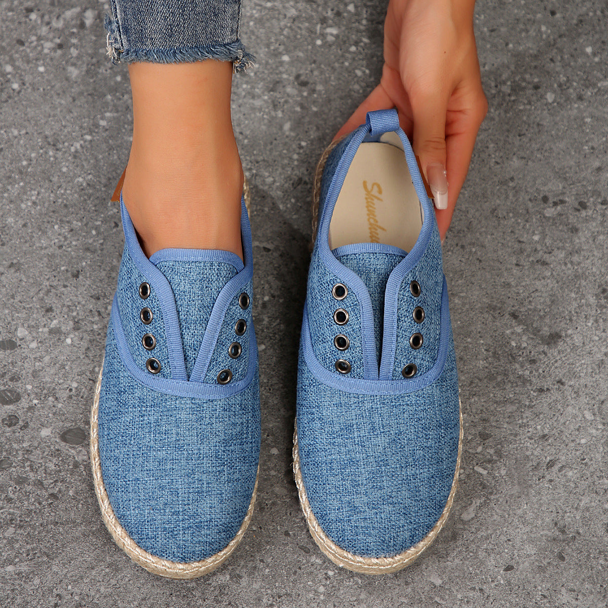 Damen Casual Espadrille Slip-Ons mit stylischem distressed Denim-Muster WW