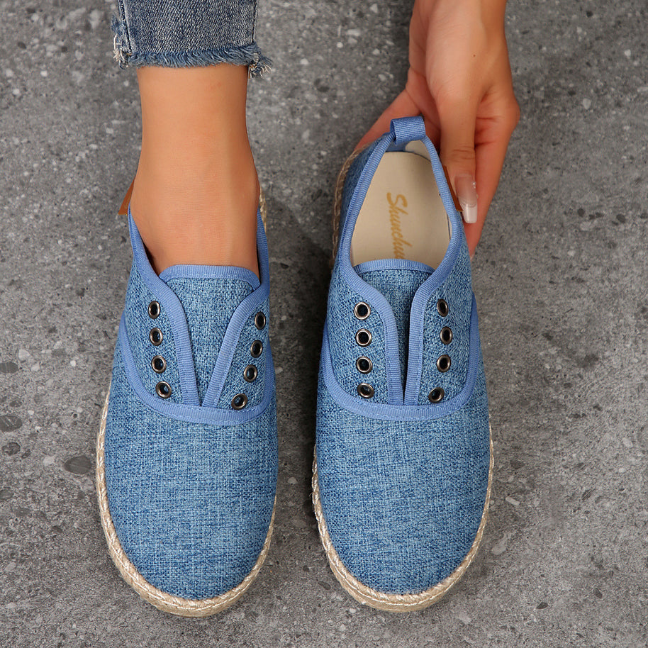 Damen Casual Espadrille Slip-Ons mit stylischem distressed Denim-Muster WW