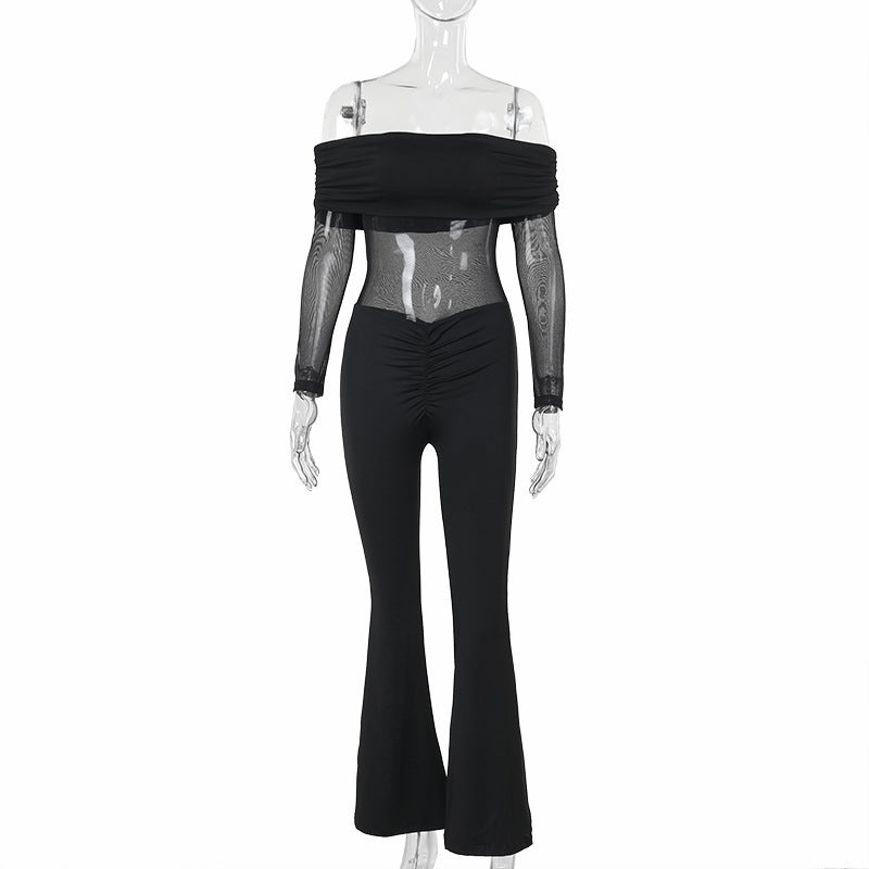 WW | Herbst Street Mesh Nähen Off-Shoulder Lange Ärmel Overall Frauen
