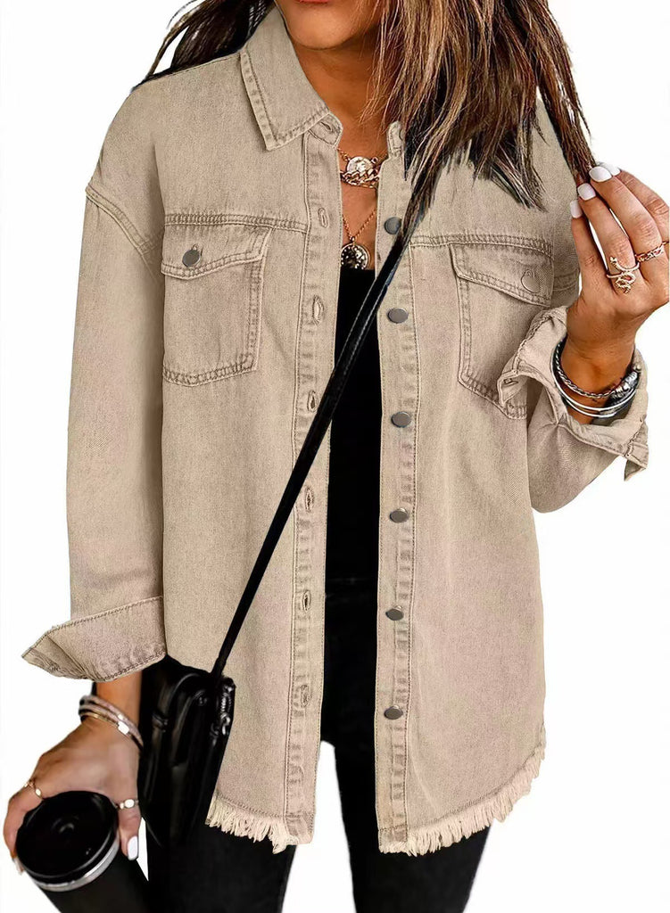 Damen Oversized Jeanshemd mit Fransen WW