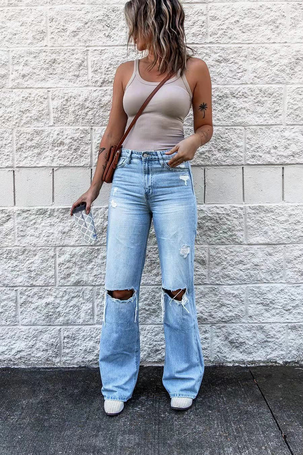WW | Damen High Waist Ripped Jeans mit Weitem Bein