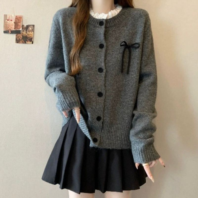 Damen bequeme Strickjacke mit dekorativen Knöpfen und Schleifenakzenten WW