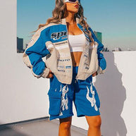 Damen Sportliches Jacken- und Shorts-Set mit farbenfrohen Grafiken WW