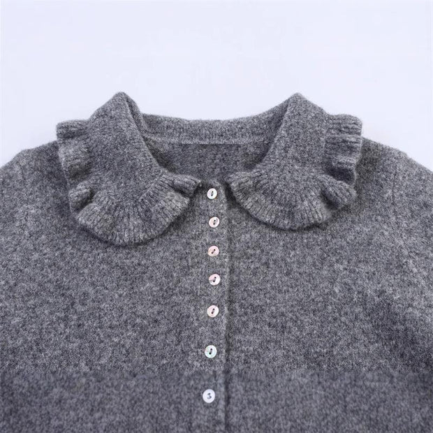 Damen Strickjacke mit frillenden Abschlüssen und dekorativem Kragen WW