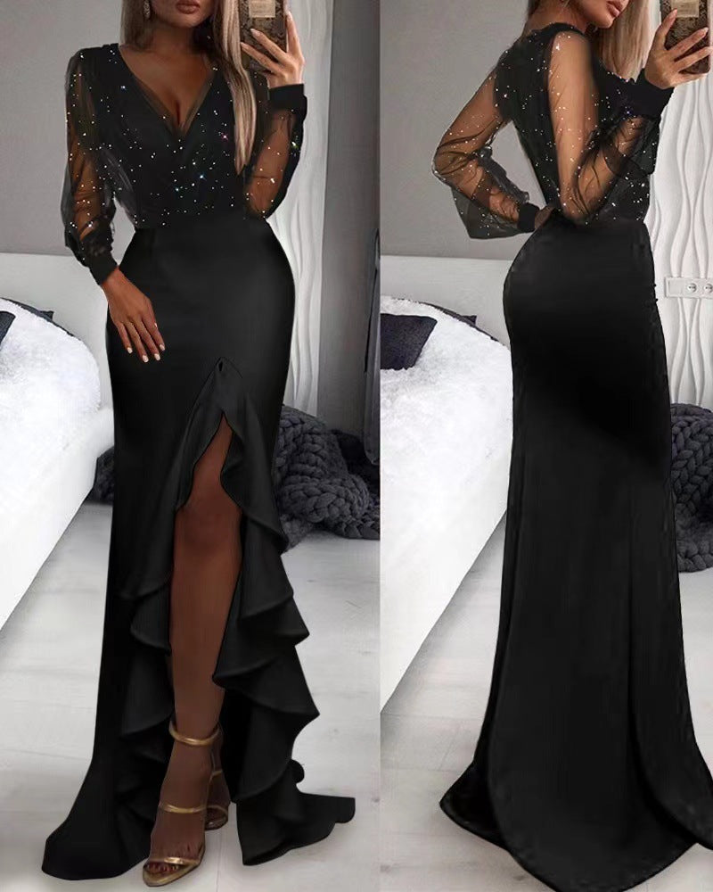 Damen langes Abendkleid mit V-Ausschnitt und langen Ärmeln