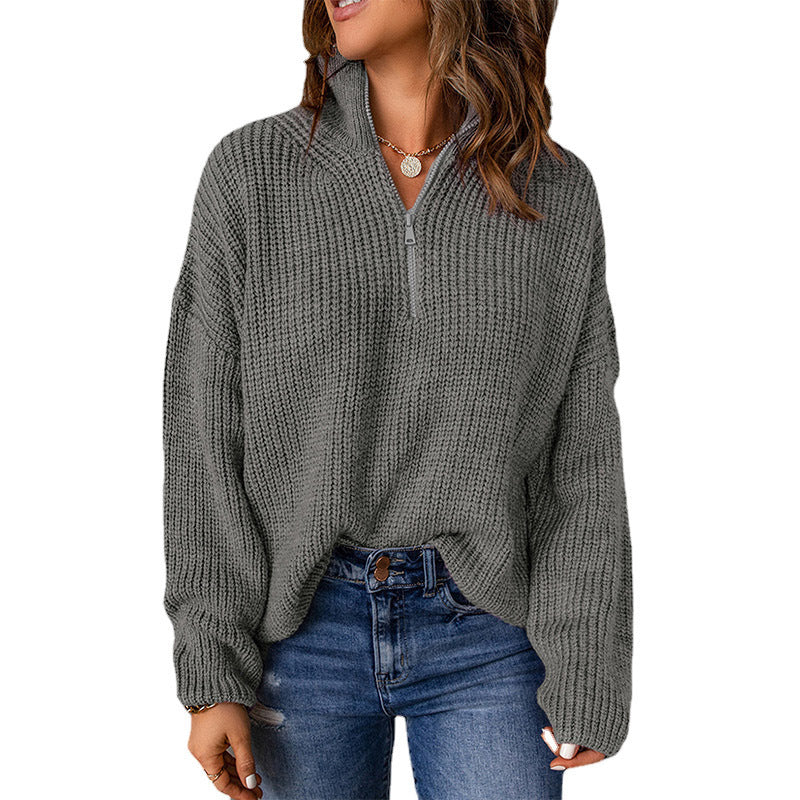 Damen Grober Strickpullover mit Stehkragen und Reißverschluss WW