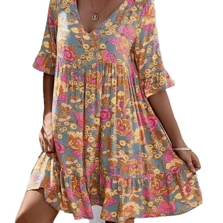 Damen Freizeitkleid mit V-Ausschnitt und fließendem Schnitt W&W Mode