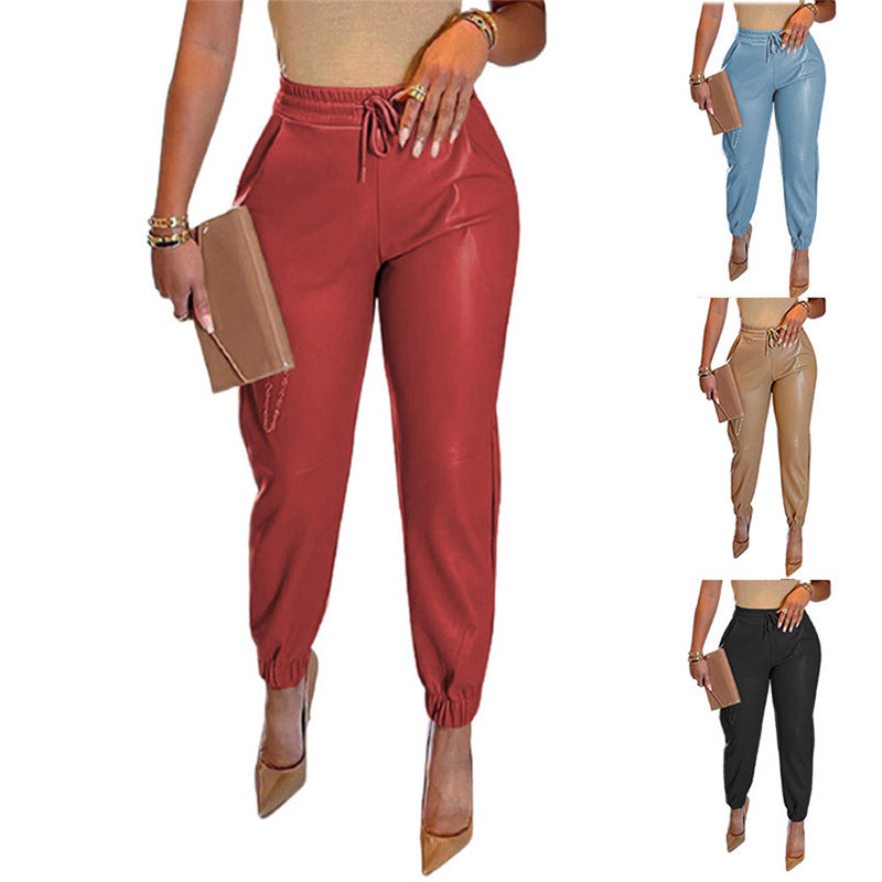 Damen Sportliche Lederhose mit elastischem Bund und schmalem Schnitt WW