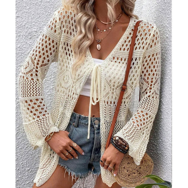 Damen Strick-Cardigan mit offenen Maschen und Binde-Detail WW