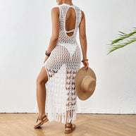 Damen gehäkeltes Strandkleid mit tiefem Schlitz und fransigen Akzenten WW