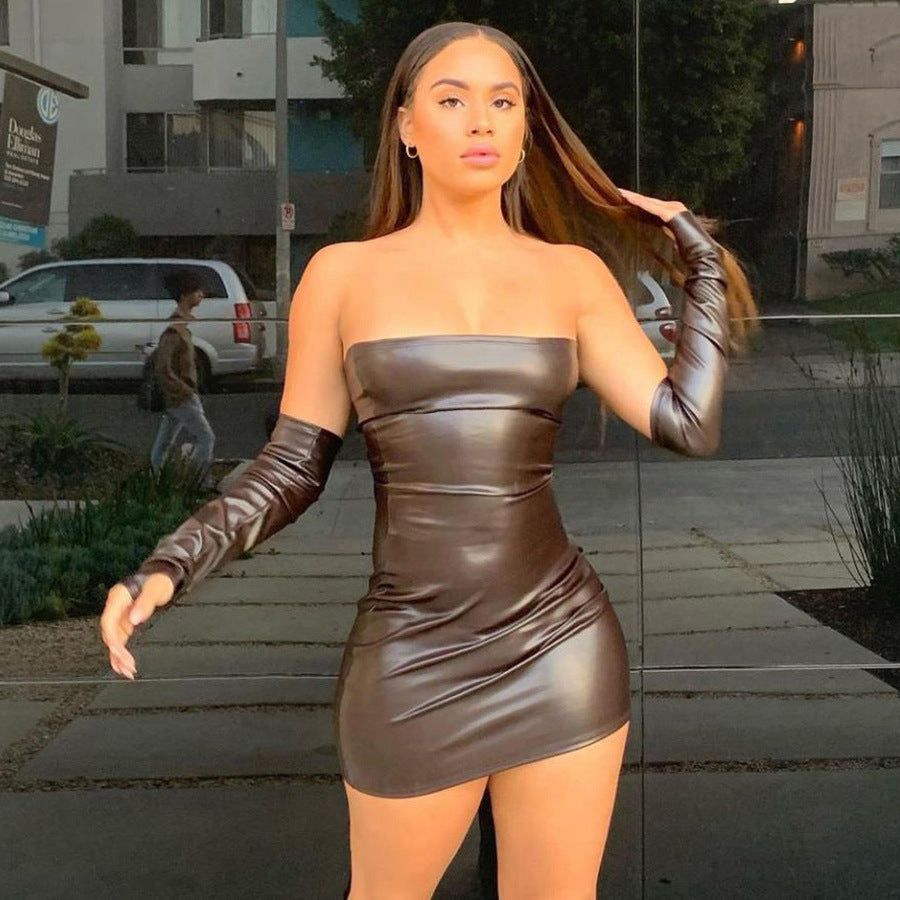 Damen Kunstleder Minikleid mit schulterfreier Silhouette und langen Ärmeln WW