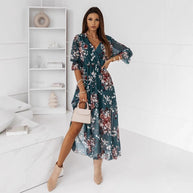 WW | Kurzarm Split Chiffon Bedrucktes Maxikleid