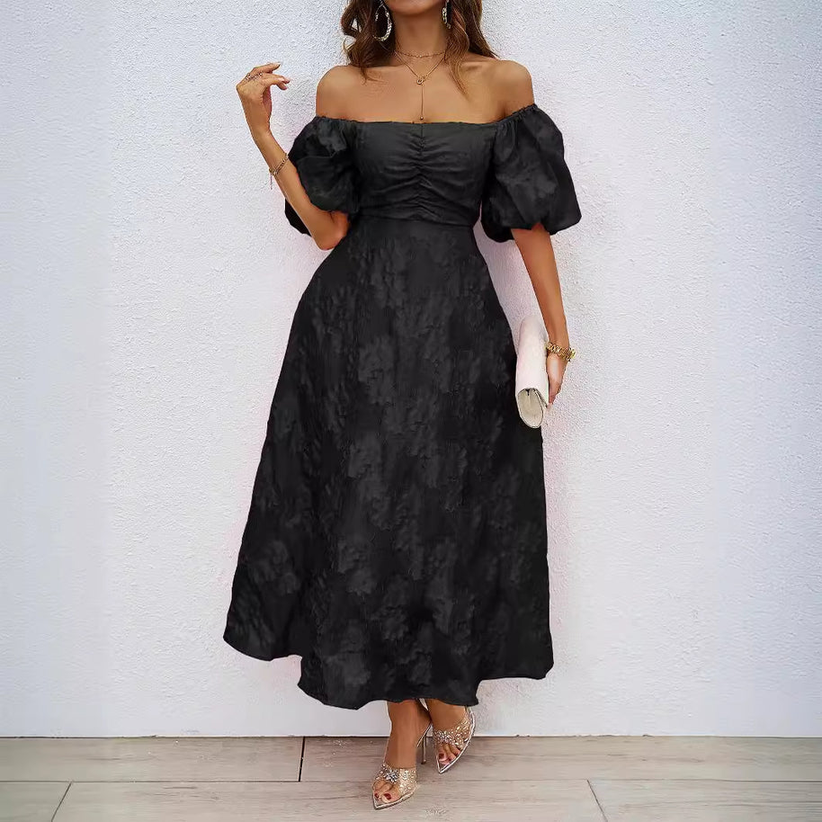 Damen elegantes Maxi-Kleid mit floralem Relief und schulterfreiem Design WW