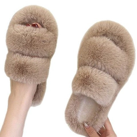 Damen Flauschige Hausschuhe mit doppeltem Riemen und weichem Innenfutter W&W Mode