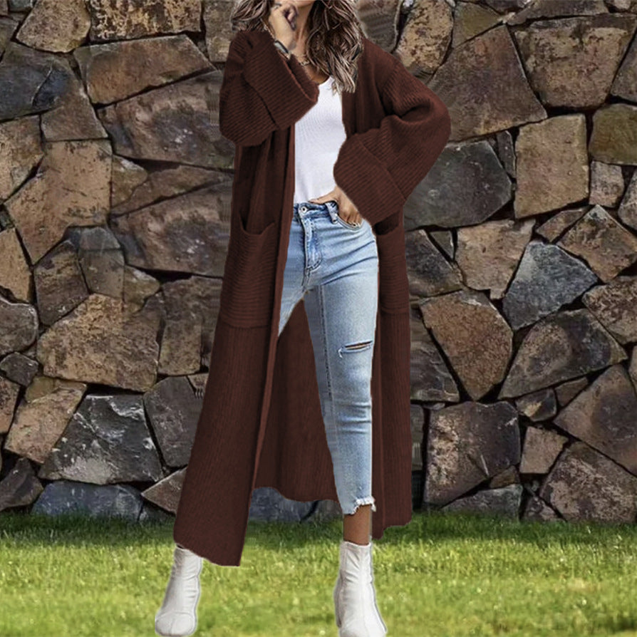 Damen Lange Strickjacke mit modischer Struktur und praktischen Taschen WW