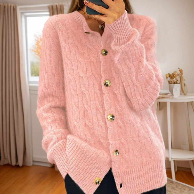 Damen Kaschmir Strickjacke mit Knopfverschluss und strukturiertem Zopfmuster WW