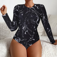 WW | Damen Langarm Badeanzug mit tropischem Blätterdesign und UV-Schutz