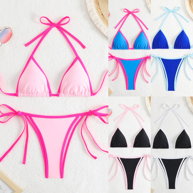 Damen Triangel-Bikini-Set mit verstellbaren Schleifen und kontrastierenden Akzenten WW
