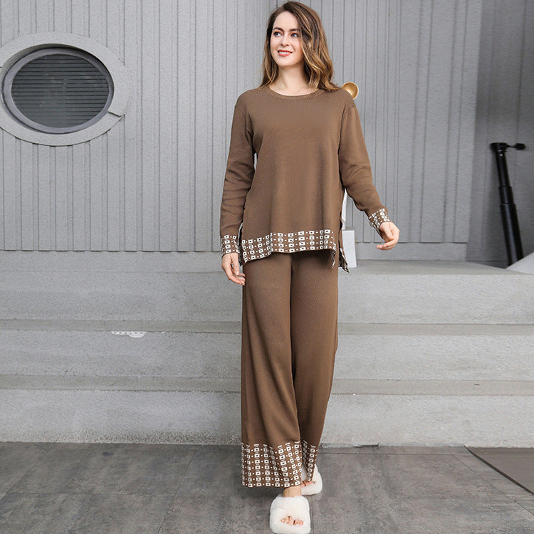 Damen stilvolles Strick-Loungewear-Set mit dekorativen Kontrastabschlüssen WW