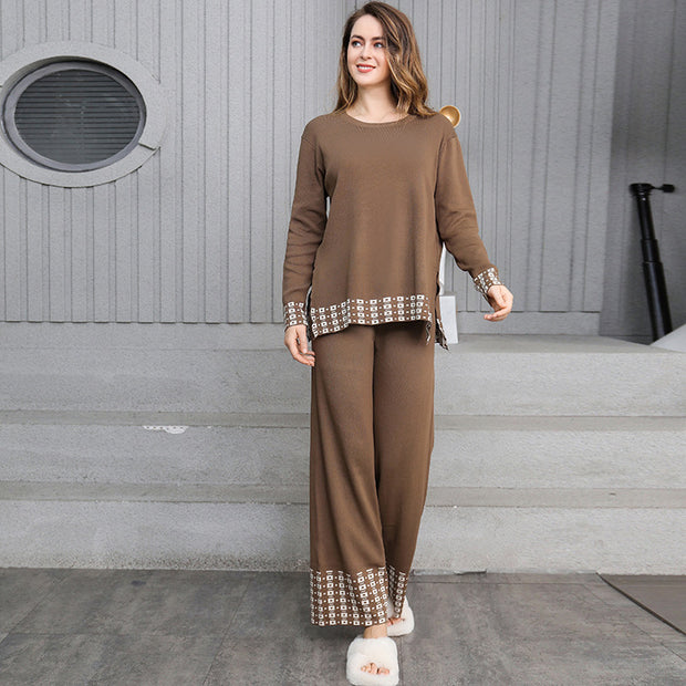 Damen stilvolles Strick-Loungewear-Set mit dekorativen Kontrastabschlüssen WW