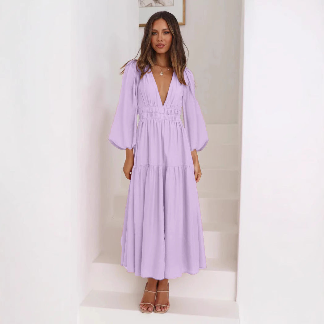 Damen Maxikleid mit tiefem V-Ausschnitt und weit ausgestellten Ärmeln W&W Mode