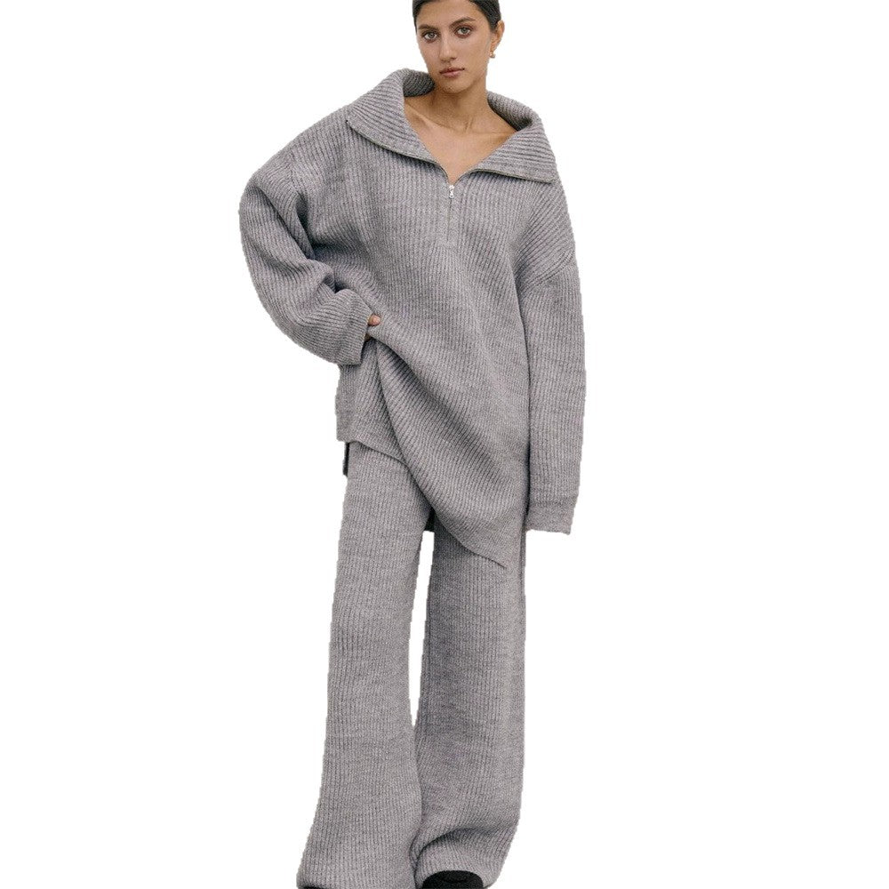 Damen Strickanzug mit hohem Kragen und modernem Reißverschluss WW
