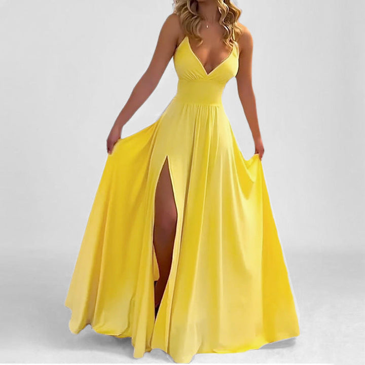 Damen Maxikleid mit tiefem V-Ausschnitt und figurbetontem Oberteil W&W Mode
