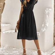 Damen luftiges Midi-Kleid mit Rüschendetails und Knopfleiste WW