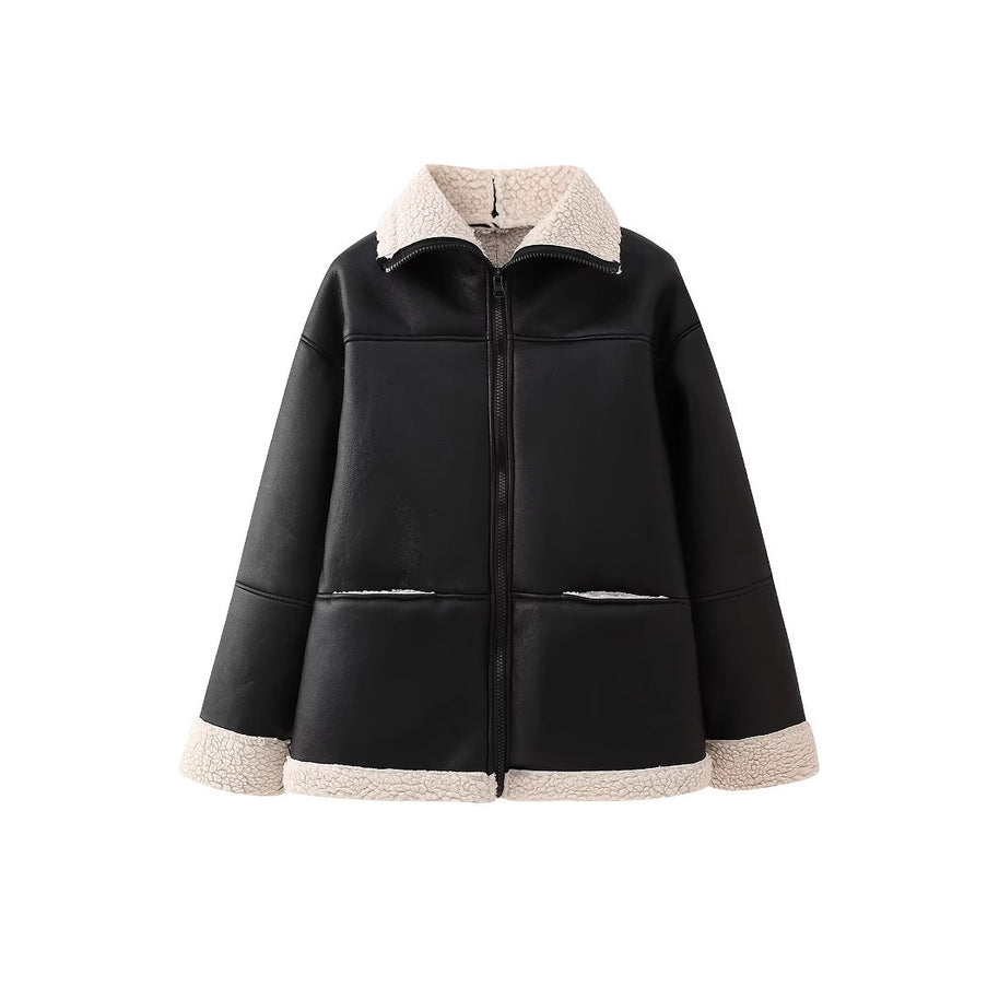 Damen angesagte Kunstlederjacke mit kuscheligem Innenfutter WW