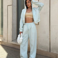 Damen Sportliches Freizeit-Set mit modischem Cropped Hoodie und weiter Hose WW