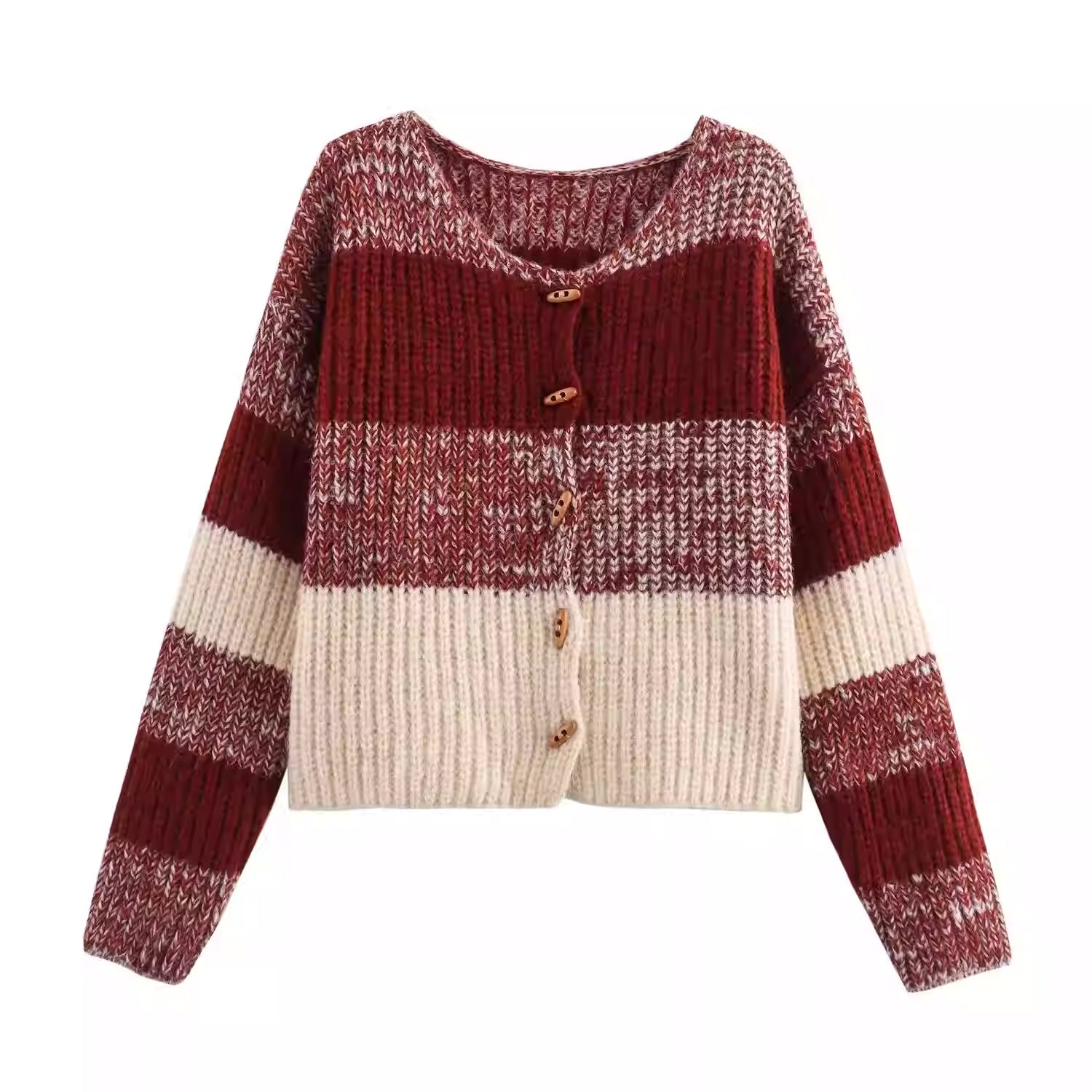 Damen Strickjacke mit elastischem Rippdesign und Holzknöpfen WW