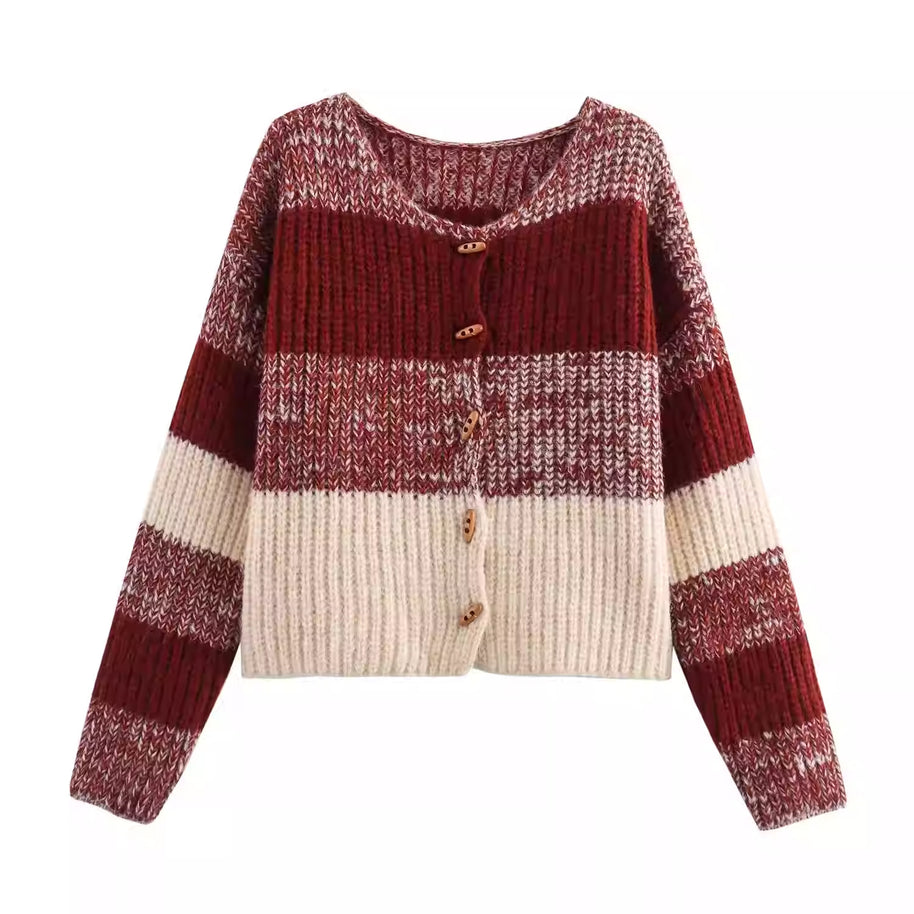 Damen Strickjacke mit elastischem Rippdesign und Holzknöpfen WW