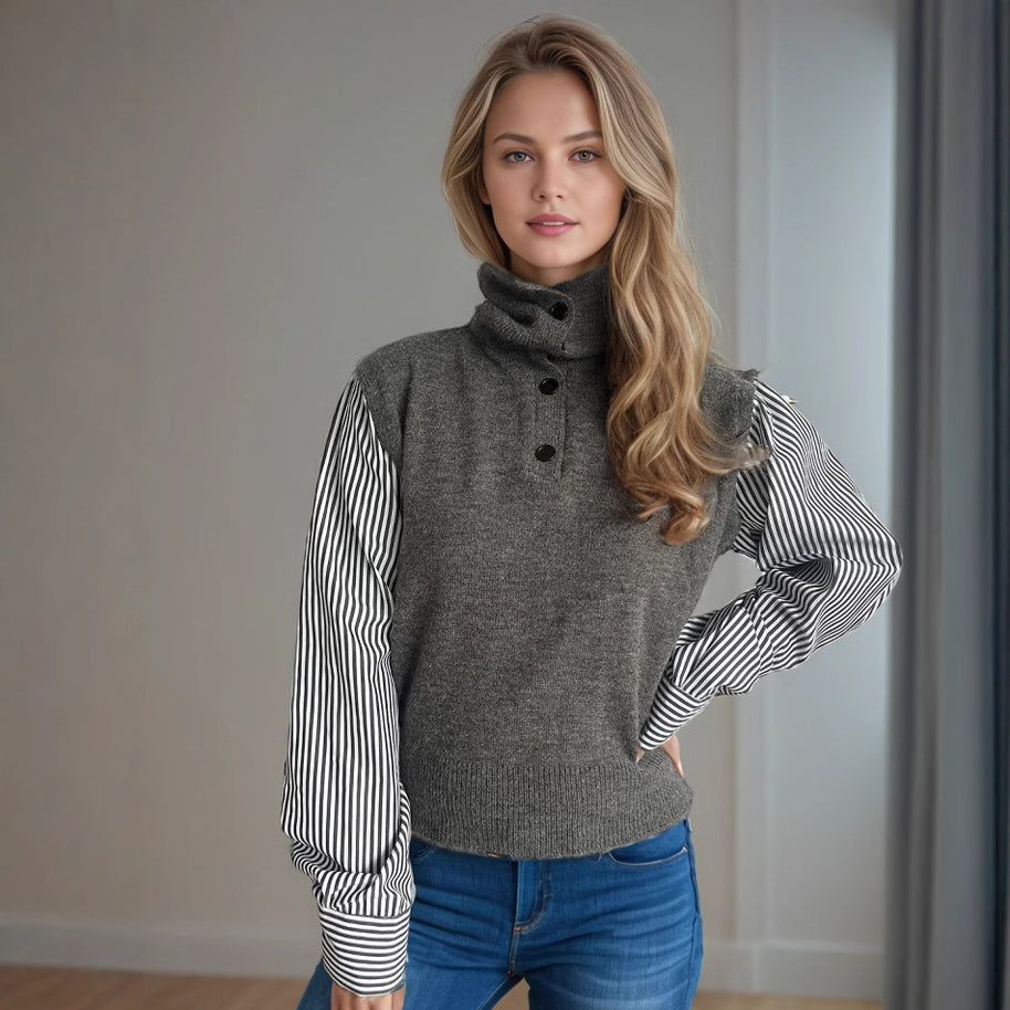 Damen Strickpullover mit modernem Kragen und eleganten gestreiften Ärmeln WW