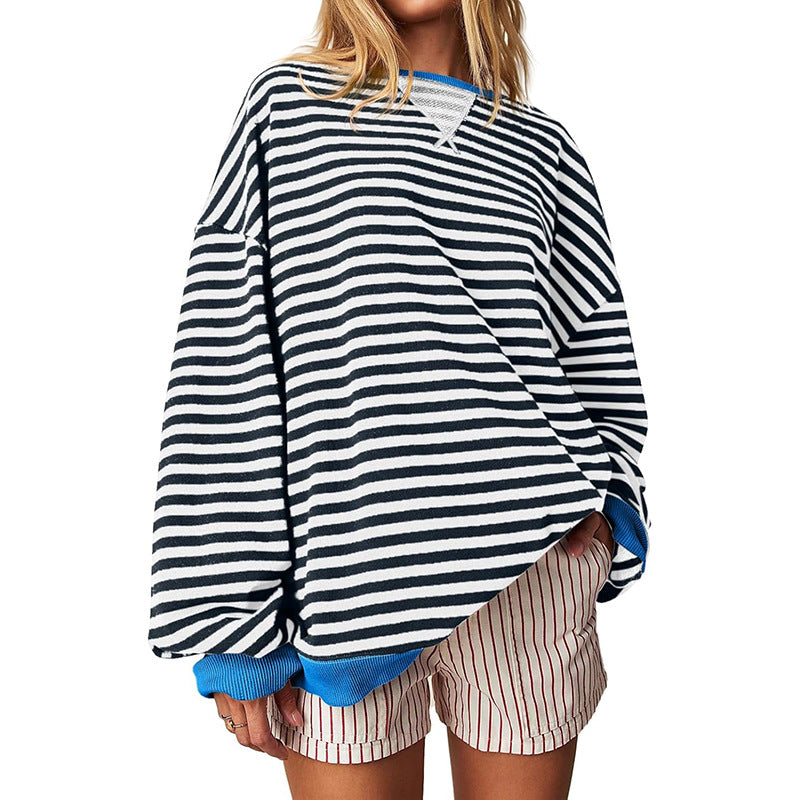 Damen Bequeme Streifenpulli mit Raglanärmeln und elastischen Bündchen W&W Mode