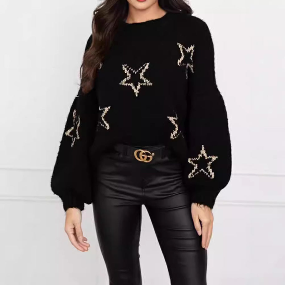 Damen Strickpullover mit Sternen-Design und weit ausgestellten Ärmeln WW