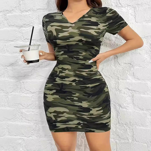 Damen figurbetontes camouflagemuster Kleid mit Kurzarm und V-Ausschnitt W&W Mode