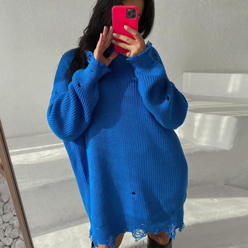 W&W Mode Ripped O Neck Oversized Sweater Kleid