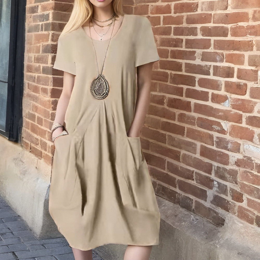 Damen lässiges Kurzarm-Kleid mit seitlichen Taschen und lockerem Schnitt W&W Mode