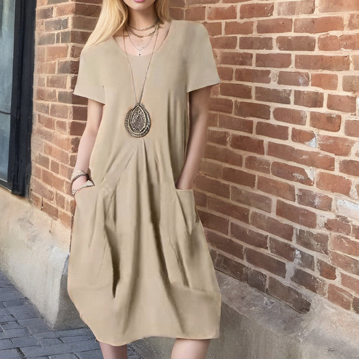 Damen lässiges Kurzarm-Kleid mit seitlichen Taschen und lockerem Schnitt W&W Mode