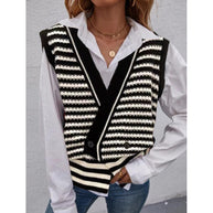 Damen Strickweste mit modischem Streifenmuster und doppeltem Knopfverschluss WW