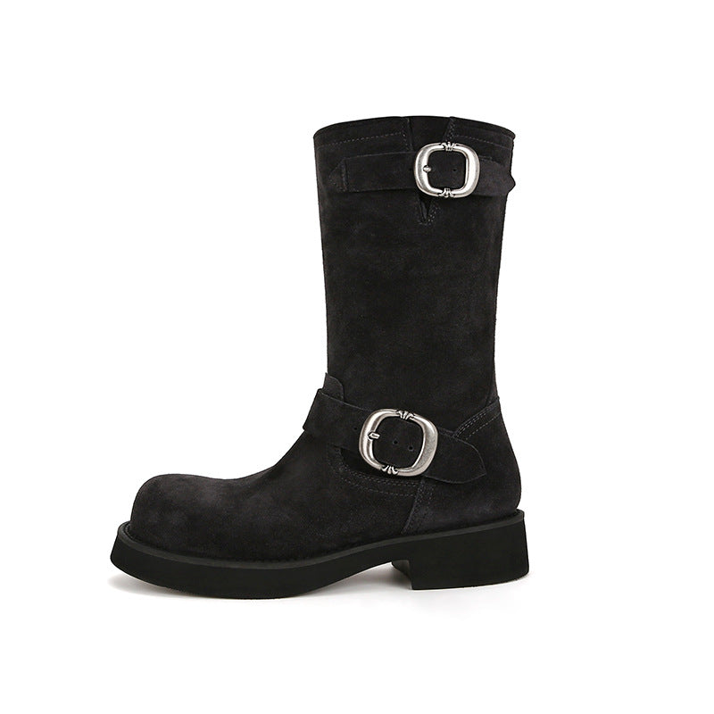 Damen Wildleder Chunky Heel Motorradstiefel mit dekorativem Schnallendetail WW